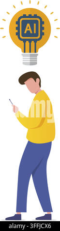 an illustration of a person holding a phone with a light bulb containing an ai chip above his head showing thoughts Stock Vector