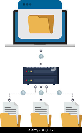 digital illustration of laptop screen and server transfer files into multiple yellow folders across network connections Stock Vector