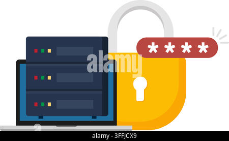 flat illustration of a laptop, server database, padlock, and password field representing data security and access control. Stock Vector