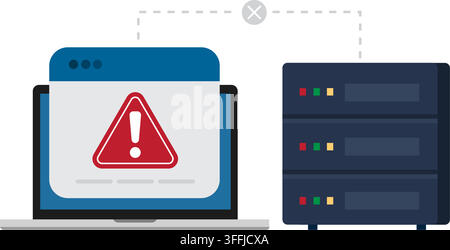 laptop screen showing a red warning sign connected to data server hardware rack units for network security issues Stock Vector