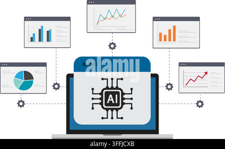 laptop display showing artificial intelligence chip connecting to data windows with bar charts line graphs and pie charts Stock Vector