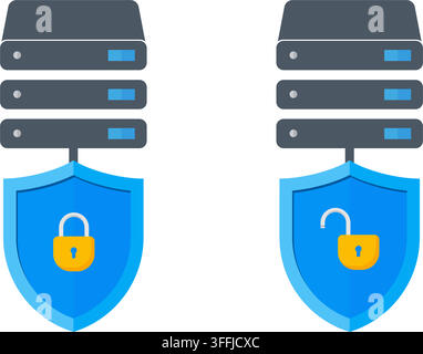 flat icon showing locked and unlocked security shields attached to database servers for cloud privacy protection Stock Vector