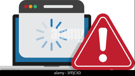 laptop display with browser window processing data alongside red triangle warning symbol on white background Stock Vector
