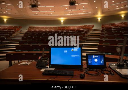 A wide view of a podium inside a lecture theatre at the University of Manitoba's Fort Garry campus in Winnipeg shows a SMART monitor and a touch contr Stock Photo