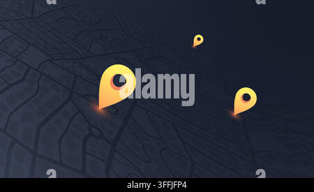 GPS navigation. Navigation plan to multiple destination points. Detailed map on dark background. Location with glowing yellow GPS map markers. Vector Stock Vector
