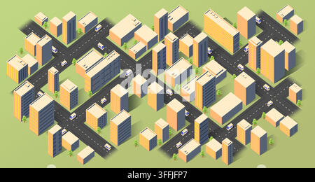 Location tracking and mapping concept, shortest road. Megapolis with streets and traffic. Isometric 3d map view skyscrapers. Minimalist vector Stock Vector