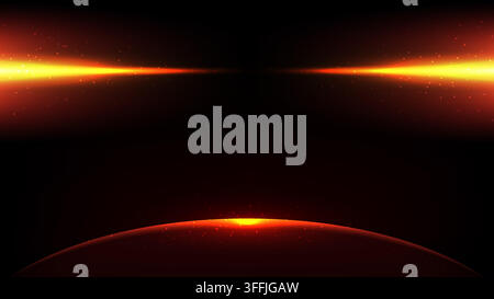Abstract sci fi background glowing orange laser beams lens flare floating sparkles and rising fiery red planet horizon on dark cosmic space vector for Stock Vector