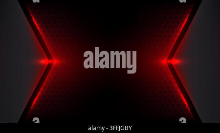 Futuristic red neon background with dark metallic side panels glowing light highlight and subtle honeycomb texture mesh pattern for gaming header bann Stock Vector