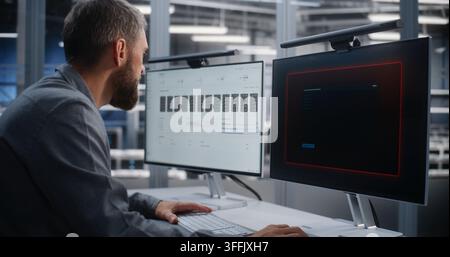 Young Data Center Engineer Monitors Infrastructure From Glass walled Control Room and Rapidly Responds to Critical Overheating Alert, Demonstrating Incident Management and Operational Resilience. Stock Photo