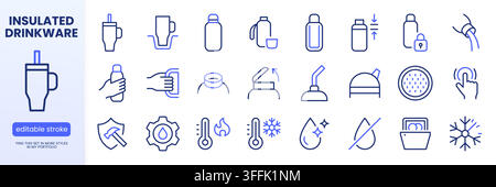 Thermos and travel mug line icon set. Tumbler, flip lid, straw spout, lock cap, dishwasher safe vector illustrations. Simple outline signs for Stock Vector