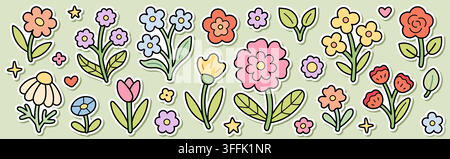 Spring flower sticker set. Rose, tulip, daisy, chamomile, poppy, echinacea and peony colorful doodle vector illustration. Cute pastel botanical Stock Vector