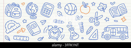 Back to School line icon set. Backpack, globe, calculator, books, pencil, ruler, science, bus linear doodle vector illustration. Education elements on Stock Vector