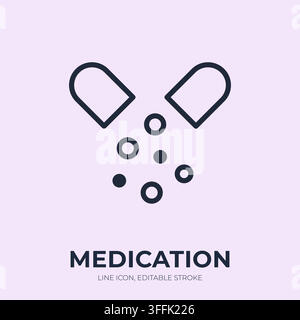 Medication line icon. Pharmaceutical capsule linear vector illustration. Thin sign of pill granules for medicine, dosage, prescription, treatment Stock Vector