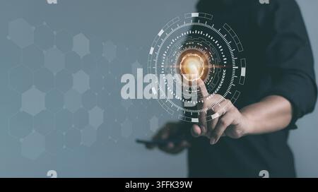 Hand interacting with futuristic digital interface symbolizing innovation and progress. Stock Photo