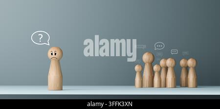 Confused wooden figure with a question mark in speech bubble standing apart from group representing communication problem  misunderstanding  uncertain Stock Photo