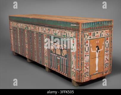 Coffin of Khnumnakht Middle Kingdom, ca. 1850–1750 B.C. Medium: Wood, paint The brilliantly painted exterior of the coffin of Khnumnakht, an individual unknown except for his name, displays the multiplicity of texts and decorative panels characteristic of coffin decoration in the late Middle Kingdom. It has at least one feature—the figure of the goddess on the head end—that is rare before the late Middle Kingdom. The figures and hieroglyphs have been drawn by the confident hand of a skilled artist and each hieroglyph has been carefully painted in the prescribed manner of the time and place in Stock Photo