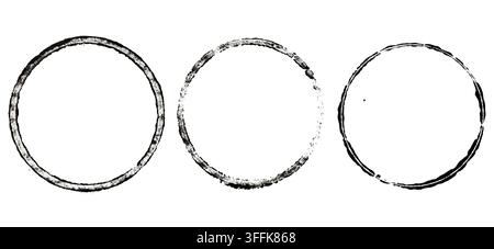 Set of three round black grunge frames with distressed texture on white background Stock Photo