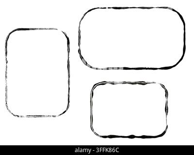 Set of black ink grunge rectangular frame border with rounded edges on white background Stock Photo
