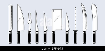 Knife, collection. Meat cutting kitchen knives set Stock Vector