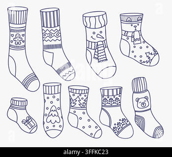 Outline Socks and Christmas Stocking Doodle Set. Line Knitted Winter Hosiery with Holiday Gift, Xmas Tree, Snowman, Gingerbread Man, Bear and Geometri Stock Vector