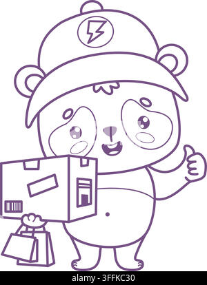 Outline Courier Panda Character Kawaii Holding Parcel Box and Shopping Bags with Thumbs Up. Cute Delivery Cartoon Mascot. Line drawing, coloring page Stock Vector