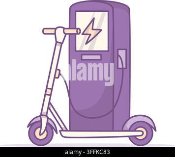 Electric Kick Scooter Charging at EV Station. Vector Illustration. Eco Friendly Courier Transport and Green Delivery Service Infrastructure Icon Stock Vector