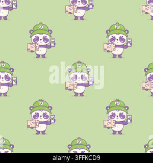 Seamless Pattern with Courier Panda Kawaii with Parcel Box and Phone Showing Checkmark and 5 Stars. Cute Funny Delivery Mascot Cartoon Character on Gr Stock Vector