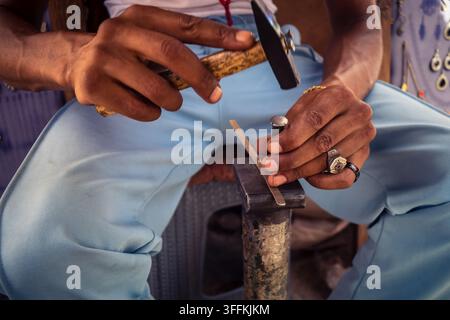 ​Marrakech, Morocco, September 08, 2026 Local artisans and craftsmen handcrafting traditional wooden and metal objects in small workshops throughout t Stock Photo