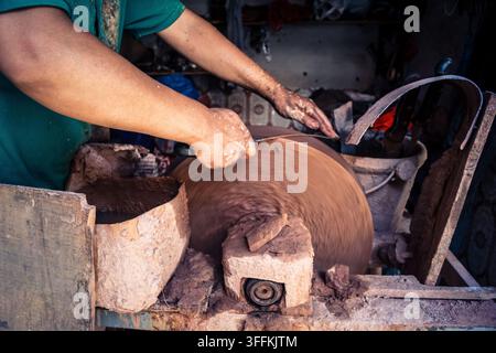 ​Marrakech, Morocco, September 08, 2026 Local artisans and craftsmen handcrafting traditional wooden and metal objects in small workshops throughout t Stock Photo
