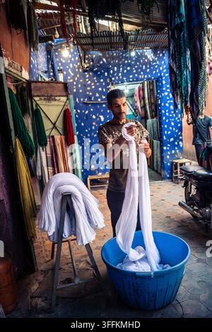 ​Marrakech, Morocco, September 08, 2026 Local artisans and craftsmen handcrafting traditional wooden and metal objects in small workshops throughout t Stock Photo