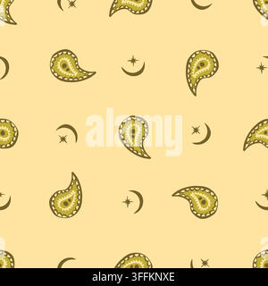 Seamless celestial paisley pattern with golden paisley teardrops, crescent moons and stars scattered across warm pale yellow background Stock Vector
