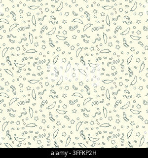 Seamless festive confetti pattern with black outline ribbons, feathers, and stars scattered on white background. Monochrome celebratory background Stock Vector