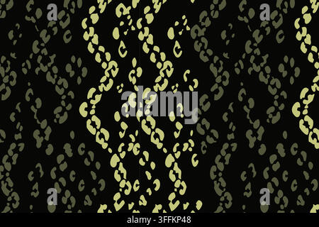 Wild reptile-inspired seamless pattern with flowing irregular markings in muted olive and pale yellow on a deep black background. Stock Vector