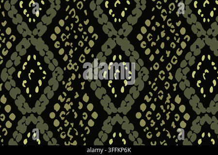 Stylized seamless animal skin pattern featuring flowing vertical formations of irregular spots and organic markings. Olive green and pale yellow Stock Vector