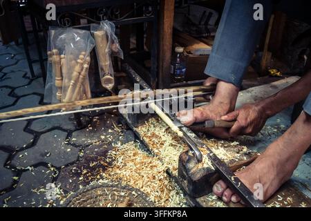 ​Marrakech, Morocco, September 08, 2026 Local artisans and craftsmen handcrafting traditional wooden and metal objects in small workshops throughout t Stock Photo