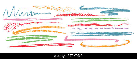 Charcoal texture underlines, color crayon scribbles, wavy brush strokes. Kids hand drawn doodle curly lines, squiggles. Pencil chalk thin and rough stripes, freehand strikethroughs on white background Stock Vector