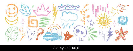 Hand drawn colorful crayon doodle kid elements, line shapes, squiggles. Set of chalk pencil texture cute baby summer icons. Freehand charcoal leaves, rainbow, stars, childish scribbles in sketch style Stock Vector