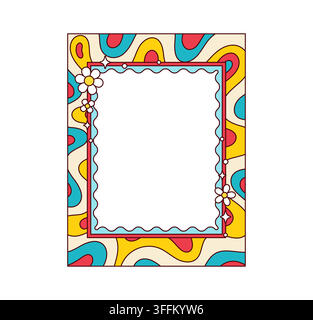 Groovy frame, psychedelic wavy color hippie border and cartoon retro Y2K flowers. Funky pop art design with abstract bright colourful wavy shapes for Stock Vector
