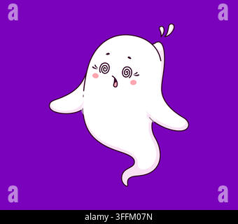 Kawaii cartoon ghost character with dizzy spiral eyes, pink blush cheeks and surprise expression. Cute Halloween mascot for party decorations, spooky Stock Vector