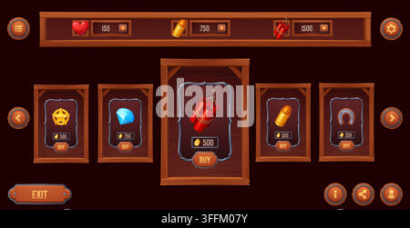 Wild west game shop interface window and icons, loading bars, western store panel UI, sale board frame. Wooden shop frames with sheriff star, crystal, Stock Vector