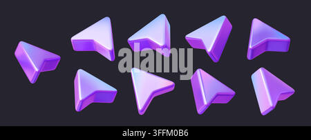 3D arrow cursor, iridescent mouse pointer, holographic icon. Vector holographic purple click elements set, tech digital click chrome signs. Futuristic Stock Vector