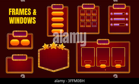 Arcade casino game board panels asset with frames, videogame shop menu luxury interface. Vector gold button, star icon, red screen, ornate banner and Stock Vector