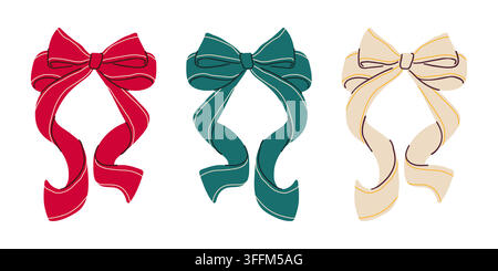 Graceful ribbon bows in festive colors hand drawn vector set for Christmas packaging and invitation design Stock Vector
