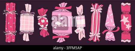 Pink Christmas party crackers hand drawn vector set on dark background Stock Vector