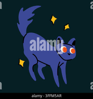 Spooky Halloween black cat with glowing eyes hand drawn vector icon for sticker design Stock Vector