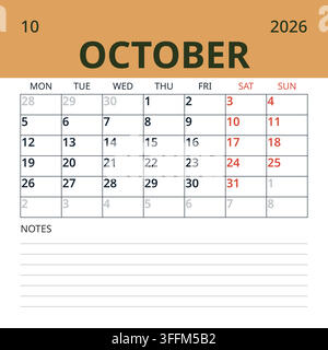 October 2026 English Aesthetic Neutral Monthly Goal Tracker Scandinavian Minimal Calendar (Compatible with 2037 and 2043). Stock Vector