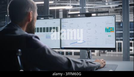 Network Operations Engineer Responds to DDoS Attack Across Data Center Infrastructure, Analyzing System Activity on Dual Monitors to Support Threat Mi Stock Photo