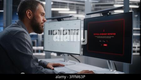 Young Data Center Engineer Monitors Infrastructure From Glass walled Control Room and Rapidly Responds to Critical Overheating Alert, Demonstrating In Stock Photo