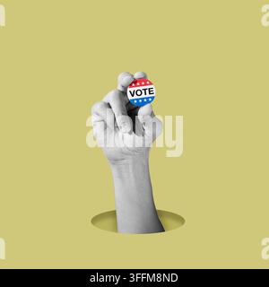 a graphic composition shows the black and white arm of a man emerging through a circular opening, with his hand holding a colorful vote badge against Stock Photo