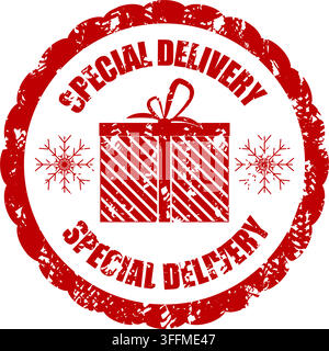 Special delivery stamp featuring a wrapped gift box and snowflakes in a distressed red vector illustration Stock Vector